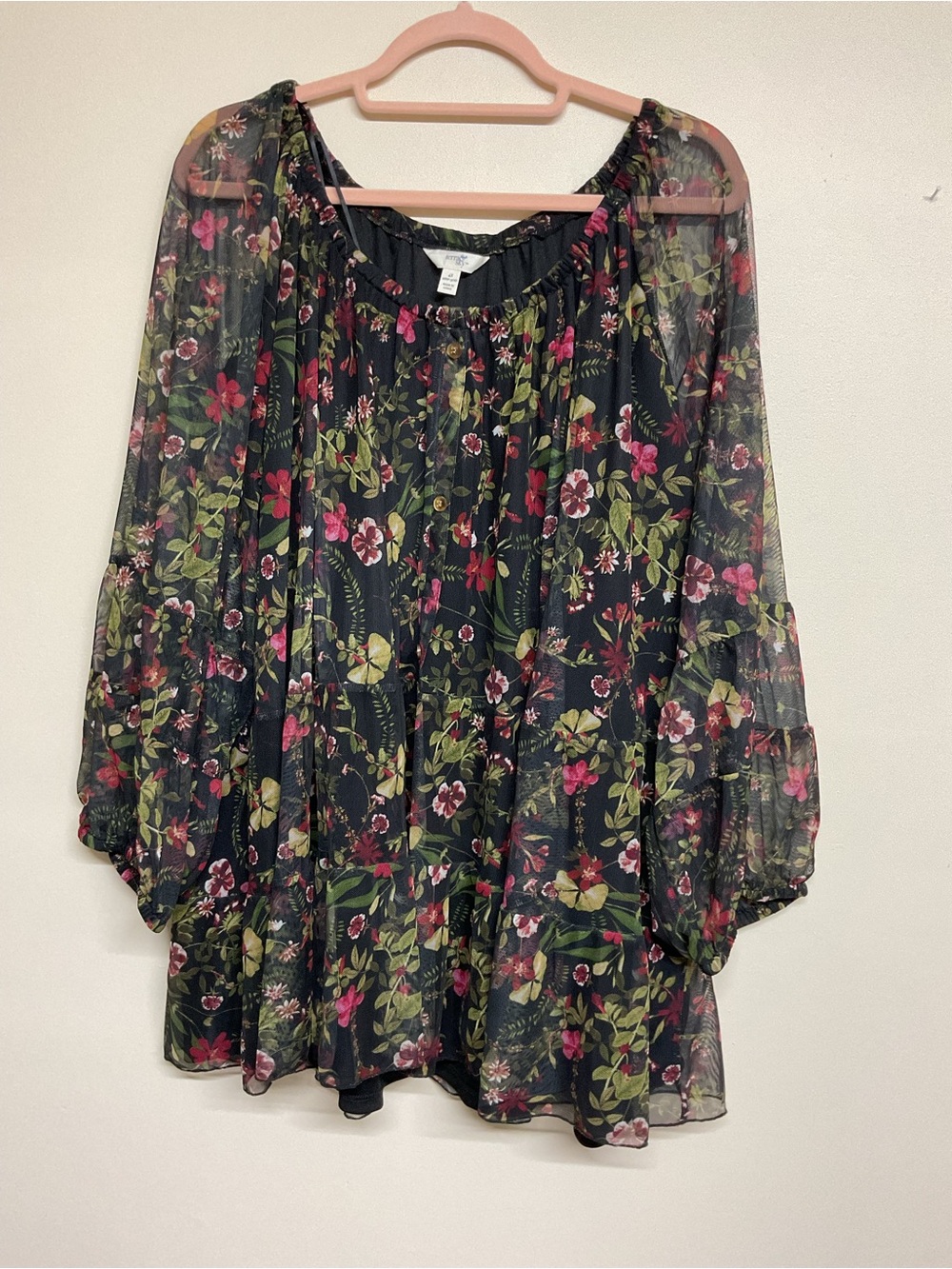 Flowy Floral Peasant Top - Black with Pink & Green Floral